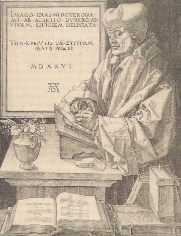 Erasmo de Róterdam, retratado en un grabado de Alberto Durero de 1526.