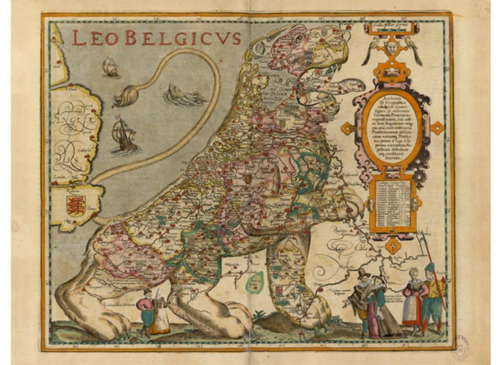 Mapa de los Países Bajos en forma de león (1622) de Pieter van den Keere.
