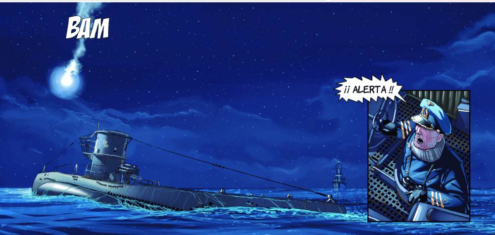 El submarino U-47 atacado por un destructor en una viñeta del álbum, dibujado por Gerardo Balsa..