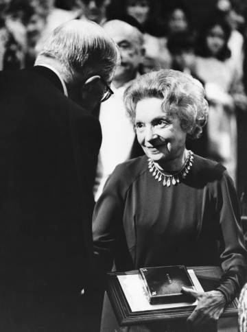 Nelly Sachs receives the Nobel Prize for Literature in 1966.