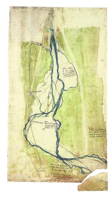 Plano topográfico con los ríos Arno y Mugnone, al oeste de Florencia (1504), acuarela de Leonardo da Vinci.