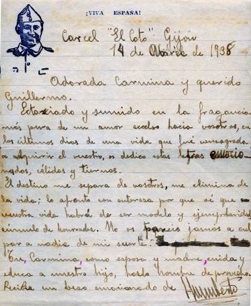 Carta de Humberto Alonso Pérez a sua esposa, Carmina, e ao seu filho, Guillermo, da prisão de El Coto (Gijón), em 14 de abril de 1938.