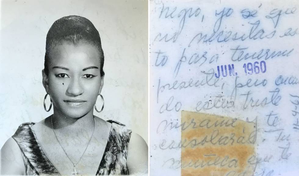 Celia Cruz, en junio de 1960. En el reverso, le escribió una nota a su esposo al que llamaba Adonis negro y ella frima como "tu muñeca".