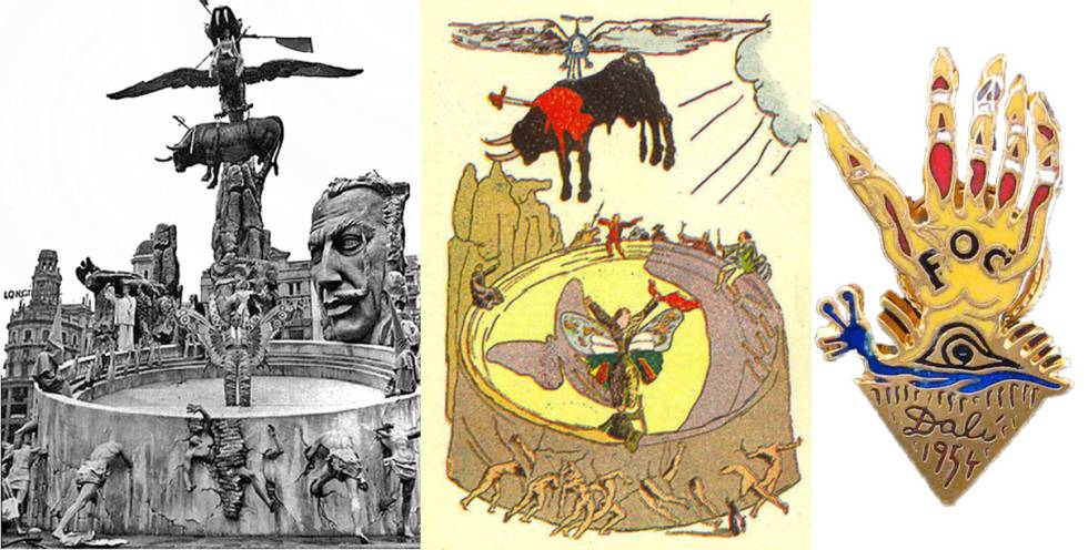 La falla, el boceto y la insignia que creó Dalí en 1954.