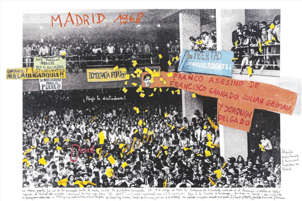 Foto del recital de Raimon en la Universidad Complutense de Madrid, el 18 de mayo de 1968. La foto original pertenece al archivo de la Universidad Complutense.