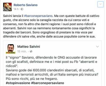 Cruce de mensajes en redes sociales entre Saviano y Salvini.
