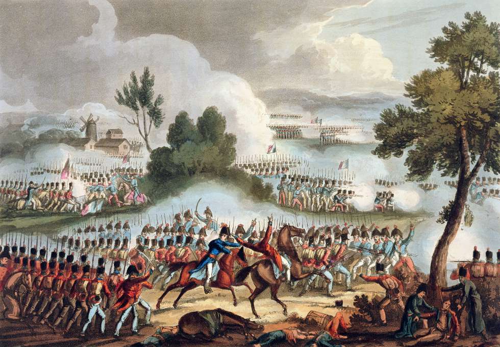 IlustraciÃ³n de Thomas Sutherland que representa al EjÃ©rcito britÃ¡nico durante la batalla de Waterloo el 18 de junio de 1815.