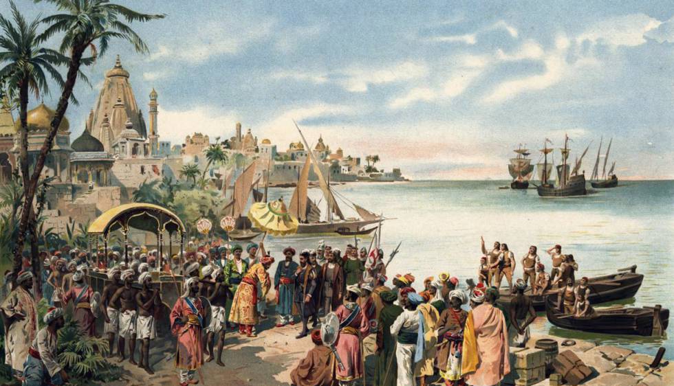 Llegada de Vasco de Gama a Calicut, en una imagen de época.