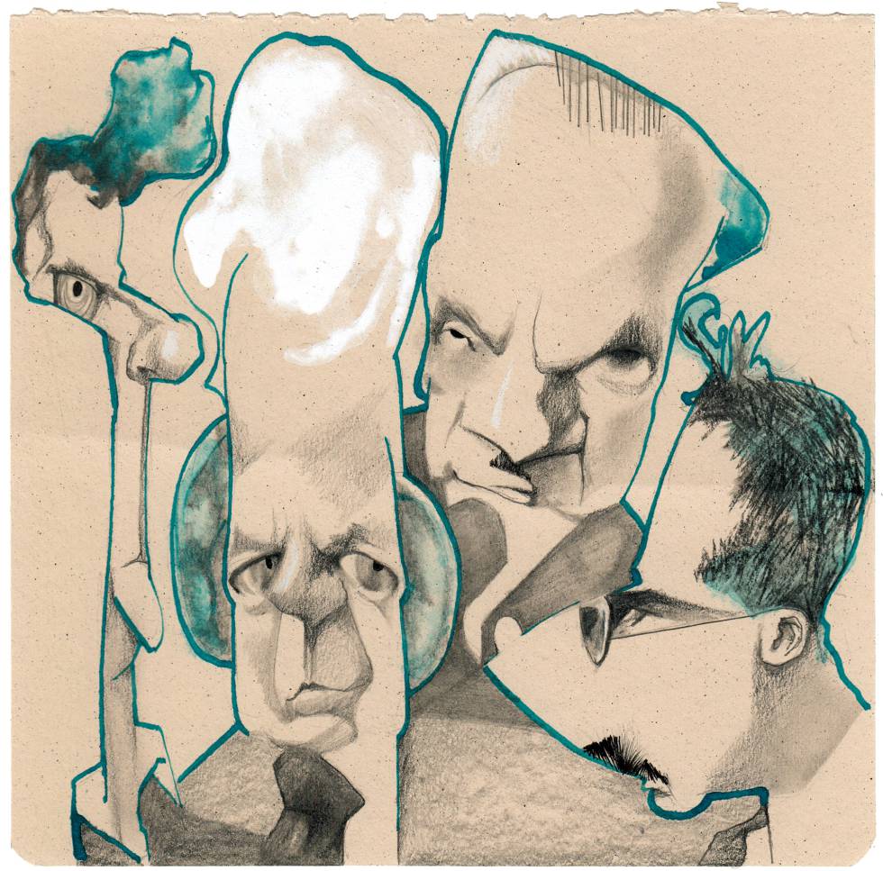 Desde la izquierda, Wittgenstein, Cassirer, Heidegger y Benjamin, vistos por Sciammarella.