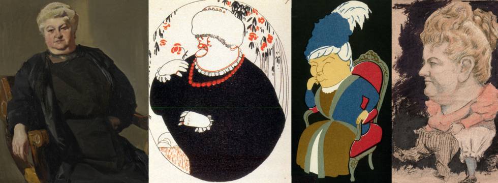 Desde la izquierda, retrato de Emilia Pardo BazÃ¡n pintado por Sorolla en 1913, caricatura de Luis BagarÃ­a y dos dibujos anÃ³nimos.