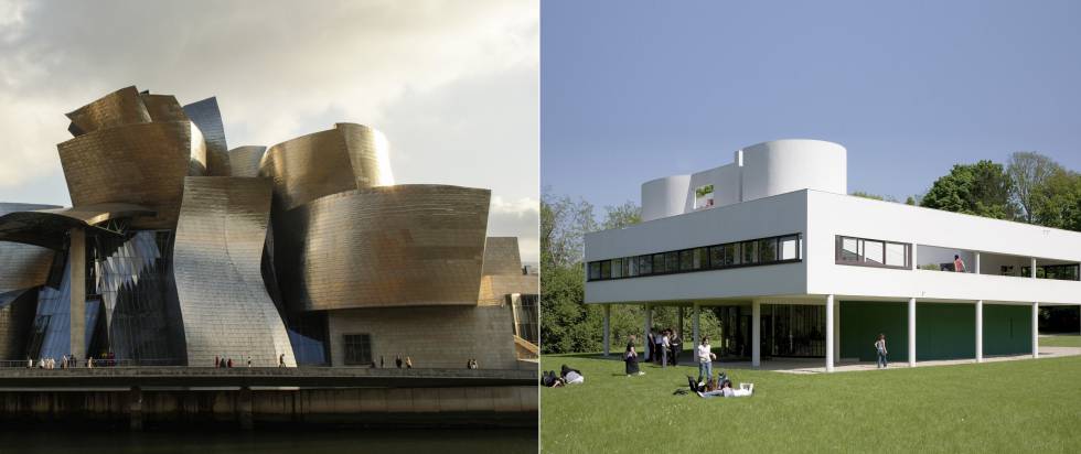 A la izquierda, el Museo Guggenheim, de Bilbao, de Frank Gehry. Y, a la derecha, Villa Savoye, diseÃ±ada por Le Corbusier en las afueras de ParÃ­s.