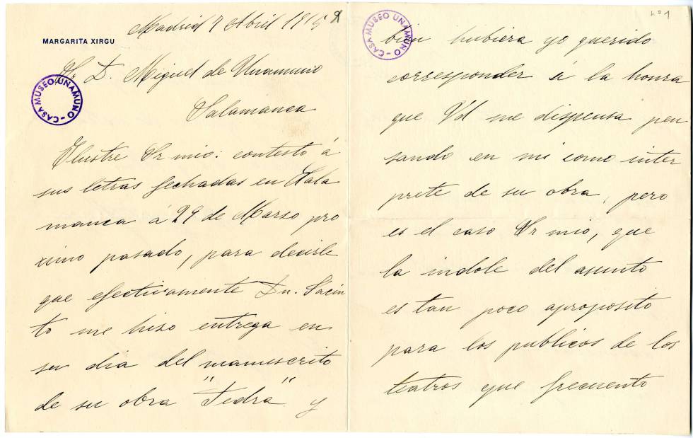 Carta de Margarita Xirgu a Miguel de Unamuno en 1915.