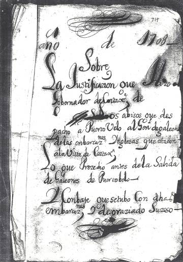 Carta del gobernador de Colombia explicando a Felipe V el desastre naval de Barú.