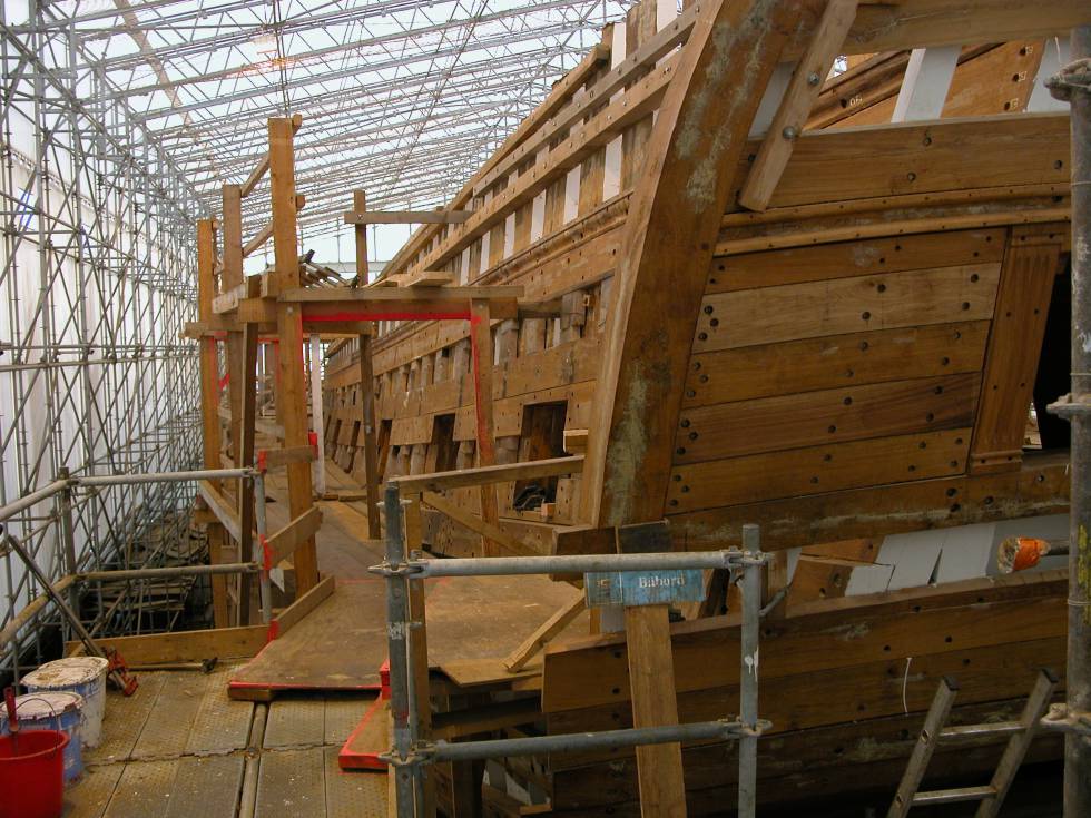 La 'Hermione' en los astilleros de Rochefort durante su construcciÃ³n.