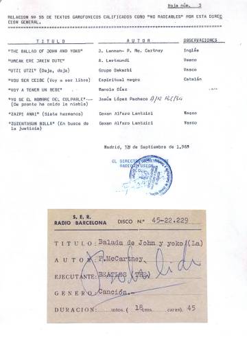 List of works that were vetoed in September 1969, including 'The Ballad of John and Yoko'.