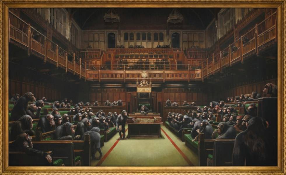 La obra 'Devolved Parliament', de Banksy, subastada este jueves en Londres.