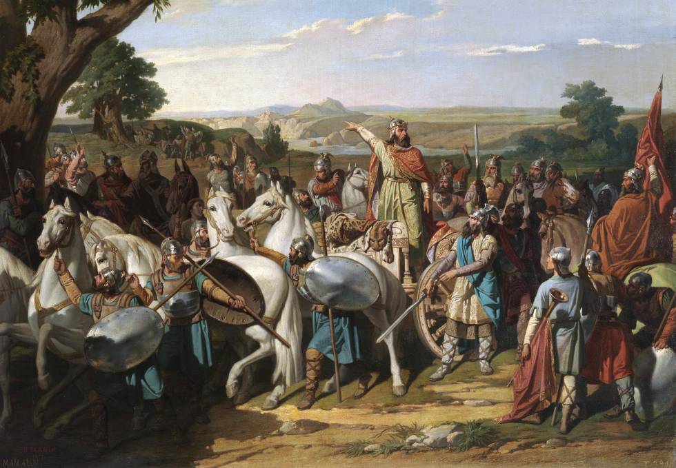 'El rey don Rodrigo arengando a sus tropas en la batalla de Guadalete', de Bernardo Blanco.