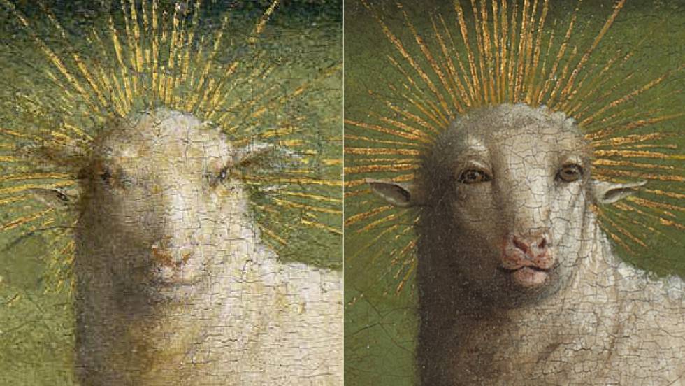 Detalle de 'La Adoración del Cordero Místico', antes y después de la restauración