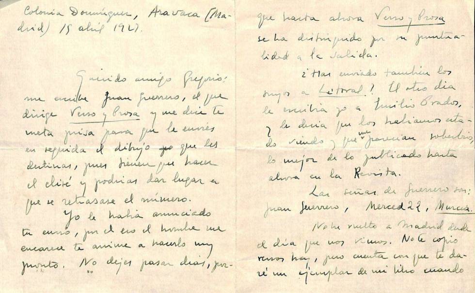 Letter from Vicente Aleixandre to Gregorio Prieto of April 1929.