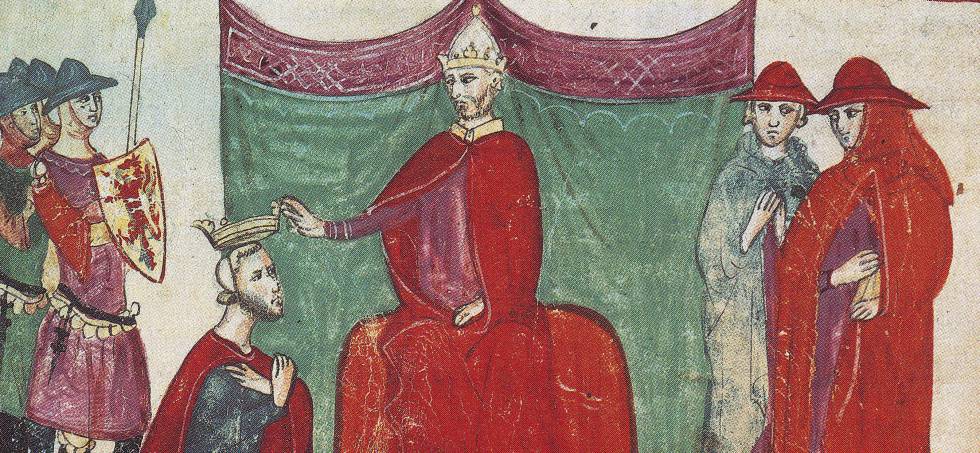 Pope Nicholas II appoints Duke to Roberto de Hauteville in 1059, in an illustration of Giovanni Villani's 'Nuova chronica'.