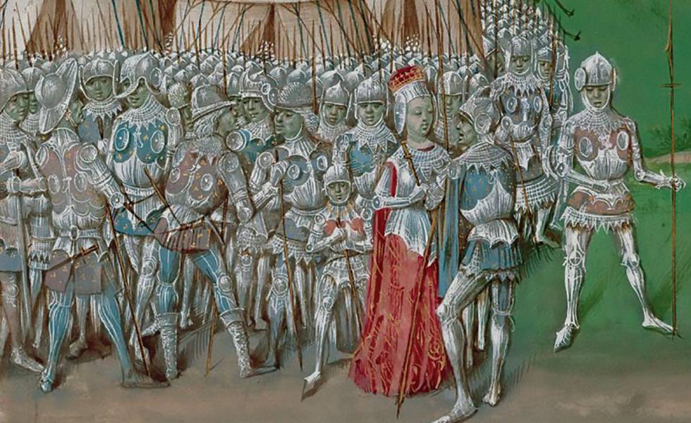 Isabel of France, leading her troops in Hereford in 1326.