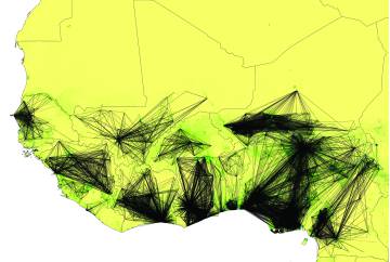 Mapa de movilidad humana y avance del ébola en África occidental (2014), incluido en el libro de Phaidon.