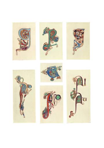 Copias detalladas de las iniciales del manuscrito hechas con acuarela por Helen Campbell D’Olier y reproducidas en el 'Libro de Kells' de Sullivan de 1914.