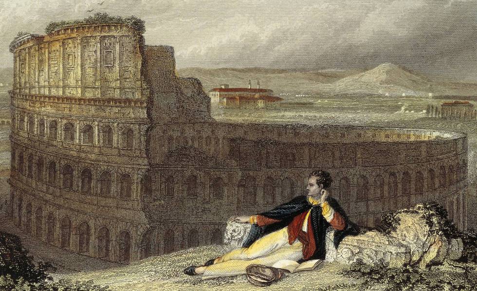'Lord Byron contemplating the Colosseum in Rome', engraved by James Tibbitts-Arthur Willmore.