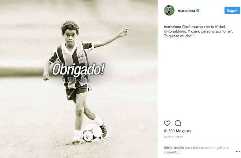 La publicación de Maradona en la que agradece a Ronaldinho y recuerda a Pelé.