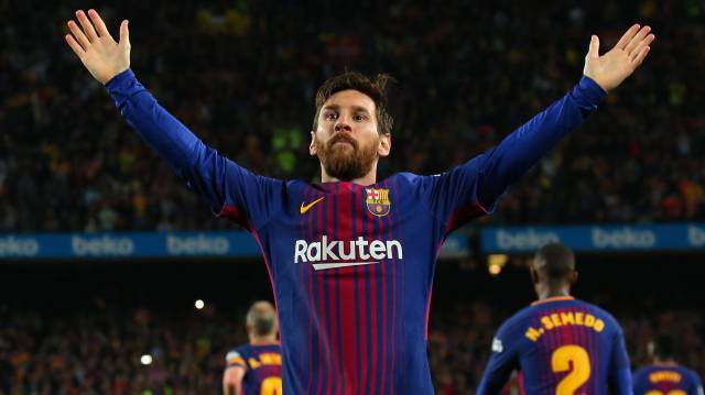 Messi festeja su gol al Madrid en el último clásico.