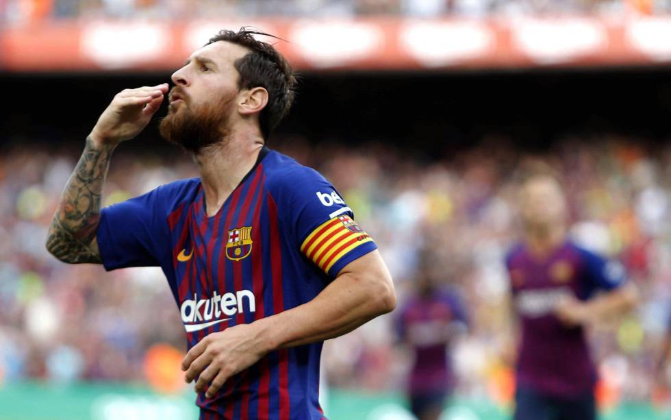 Messi, tras uno de sus goles ante el Huesca.