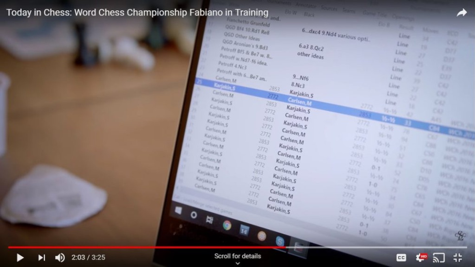 Una imagen del vídeo filtrado: en la parte superior hay una lista de aperturas y defensas incluidas en la preparación de Caruana