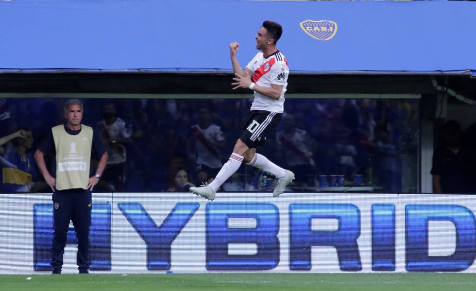 Gonzalo Martínez celebra su gol ante Boca en La Bombonera, en el partido de ida por la Copa Libertadores.
