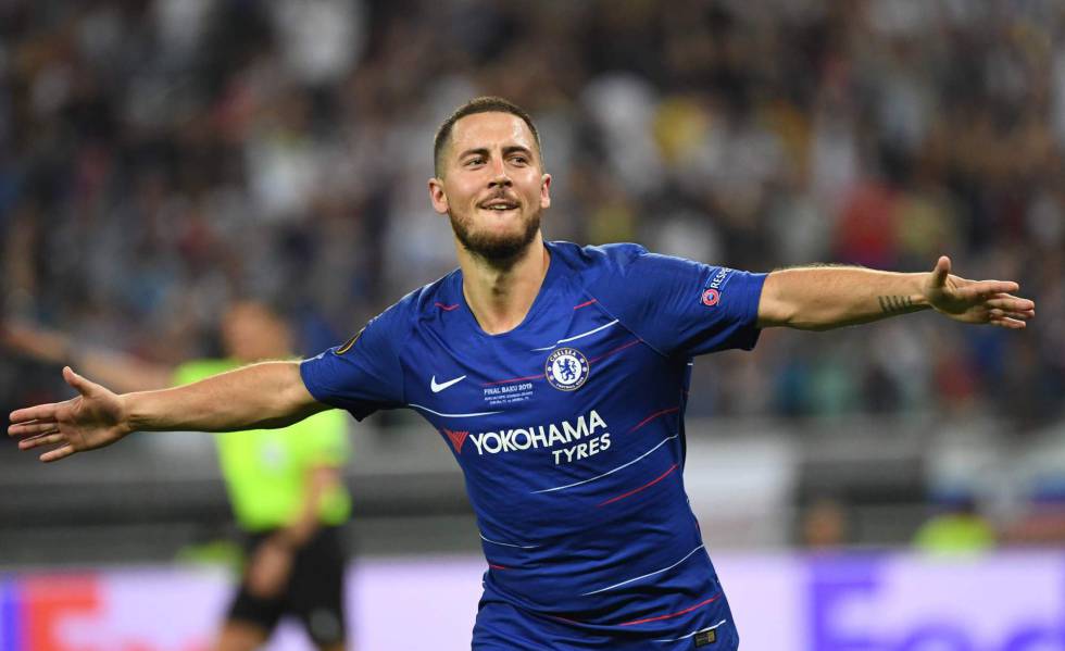Hazard celebra su primer gol al Arsenal en la final de la Europa League.