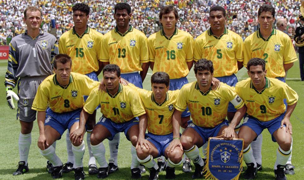 La selección brasileña de 1994: con el 5, arriba, Mauro Silva, eje del equipo campeón del mundo. Abajo, con el dorsal '7', Bebeto y con el '11', Romario. Los tres pasaron por la máxima categoría liguera. El resto, de izquierda a derecha (arriba): Taffarel, Marcio Santos, Aldan, Leonardo y Jorginho. Abajo: Dunga, Ran y Zinho.