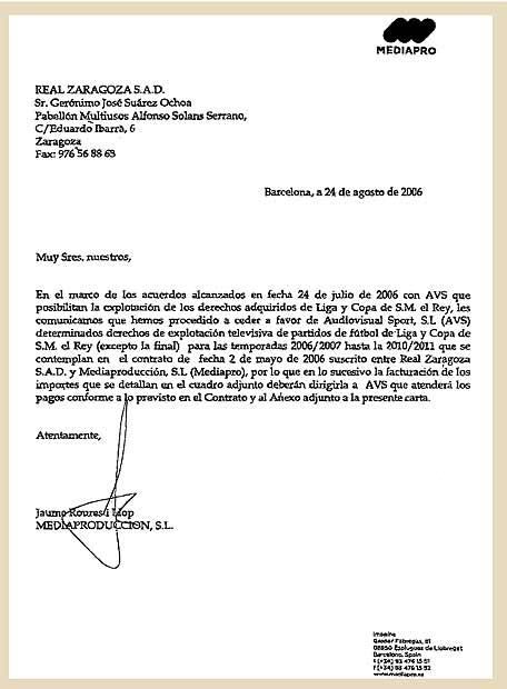 Carta firmada por el presidente de Mediapro, Jaume Roures 