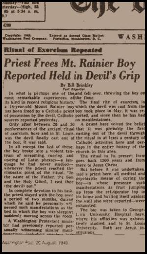 Portada del Washington Post con la noticia del ecxorcismo. 20 de agosto de 1949