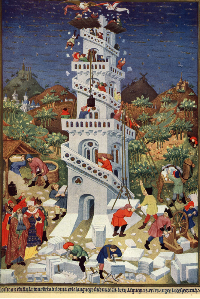 La torre de Babel en un dibujo del  Libro de horas de Bedford  (hacia 1423).