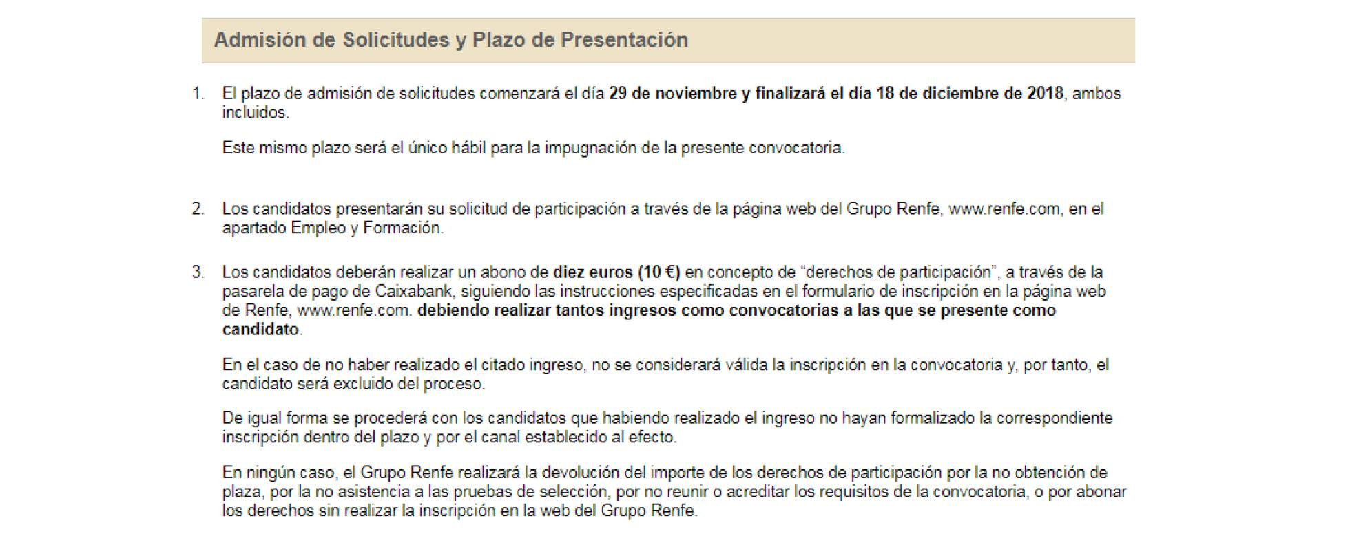 Renfe cobra 10 euros para optar a uno de los puestos de trabajo que ofrece