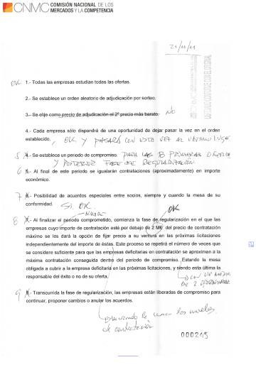 Anotaciones manuscritas encontradas en la inspecciÃ³n que la CNMC hizo en Elecnor que describen la estrategia de reparto de licitaciones.
