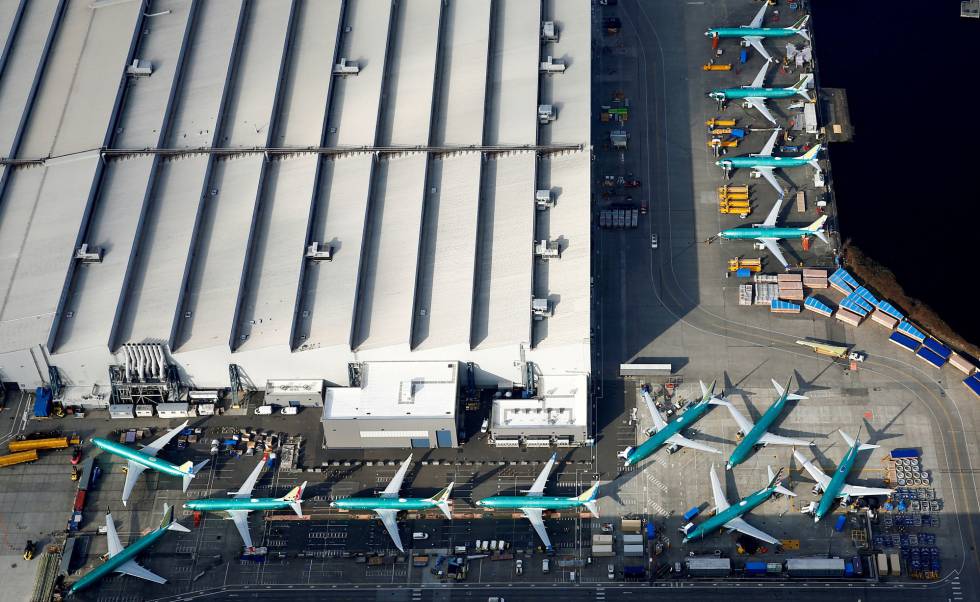 Imagen aérea de varios B737 MAX estacionados en la fábrica de Boeing en Renton (Washington).