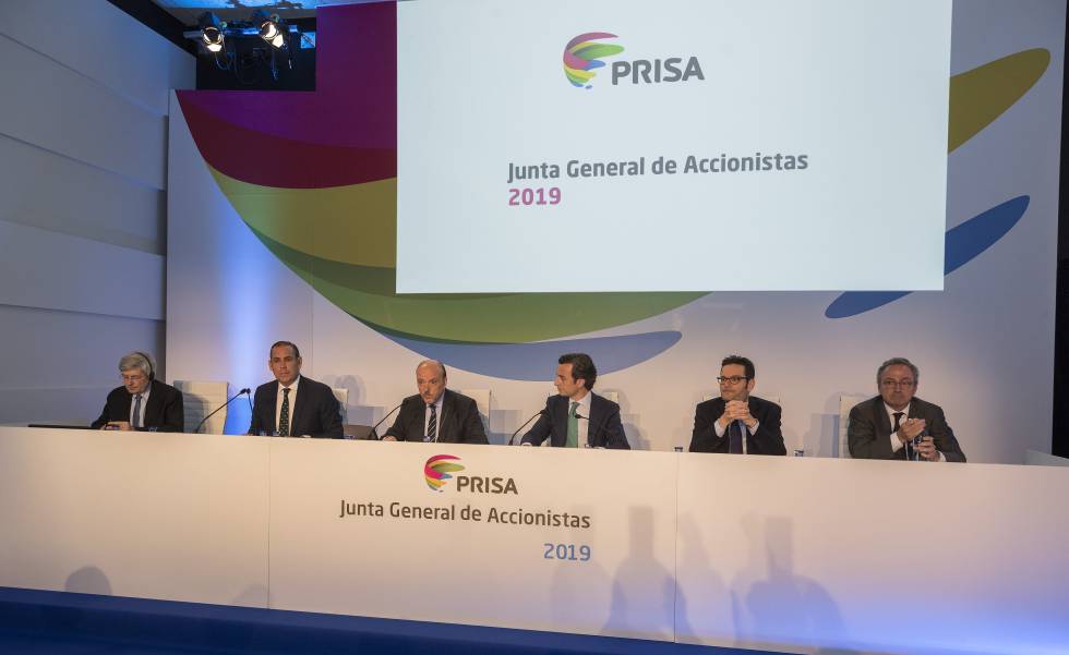 Imagen de la junta general de accionistas de PRISA, celebrada este lunes en Madrid.