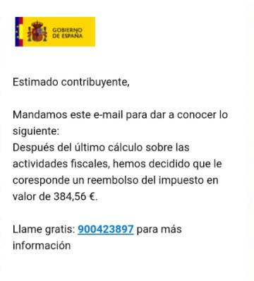 No, Hacienda no le ha enviado un correo para devolverle a usted más dinero