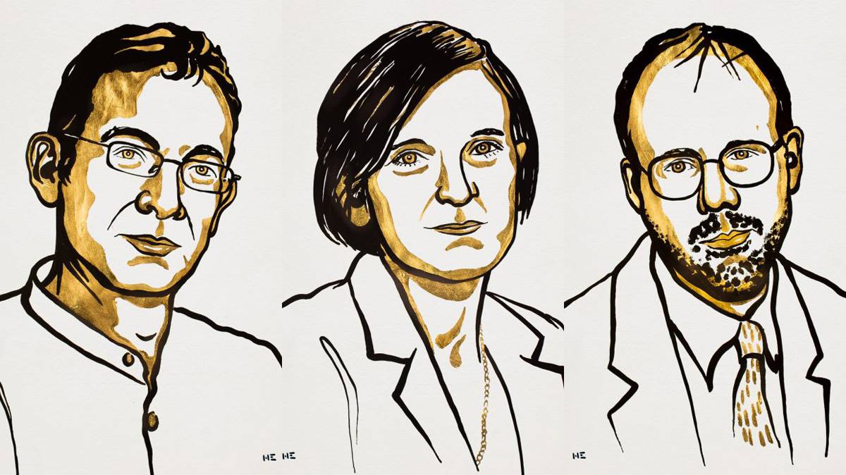De izquierda a derecha, retratos de Abhijit Banerjee,  Esther Duflo y Michael Kremer, premios Nobel de Economía 2019.
