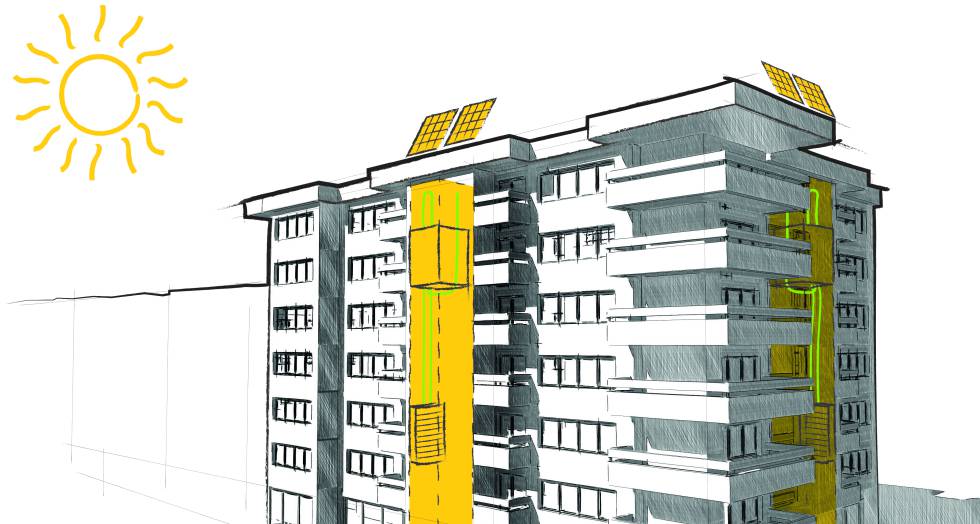 Proyecto de edificio con ascensor solar.