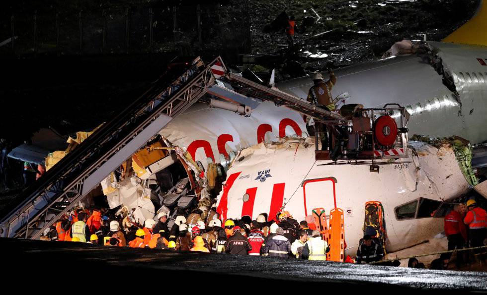 Avión siniestrado de la aerolínea turca Pegasus, tras salirse de la pista de aterrizaje del aeropuerto de Estambul.