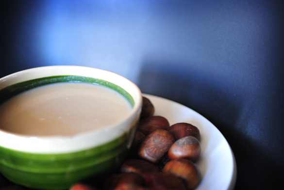 Crema de castañas con jamón y marron glacé