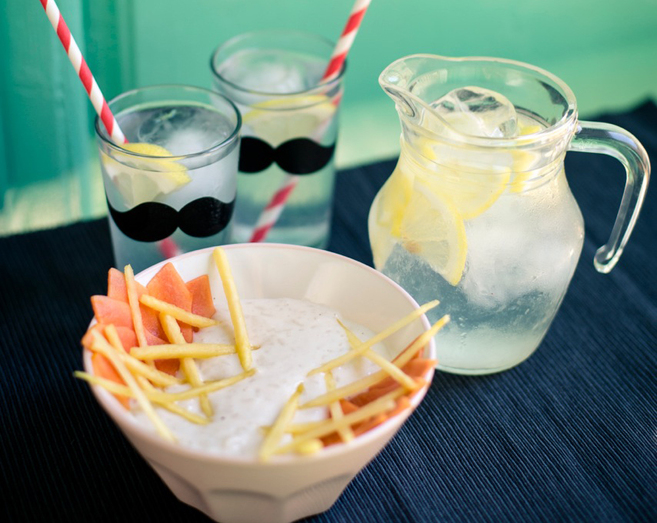 Arroz con leche de coco, piña y papaya