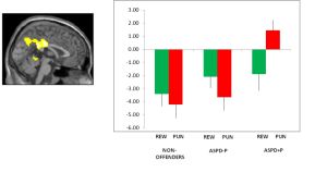 El cingulado anterior (en amarillo) del córtex cerebral interviene en el aprendizaje. La gráfica muestra el patrón ante recompensas (en verde) y castigos (en rojo). Sólo los psicópatas (derecha) muestran un aumento de actividad ante el castigo.