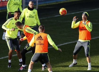 Sergio Ramos, en el entrenamiento del Madrid.